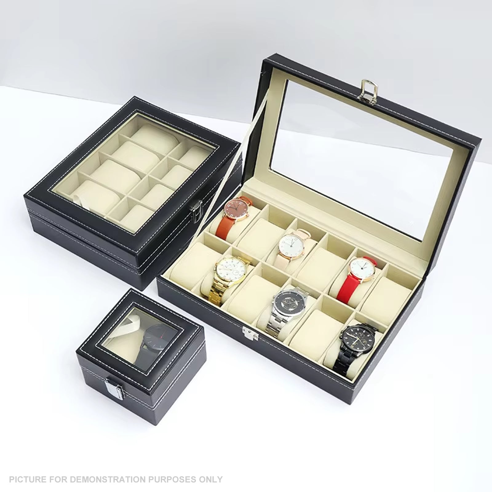 Watch Display Case Organiser with Clear Top, Leather Finish and Soft Cream Lining